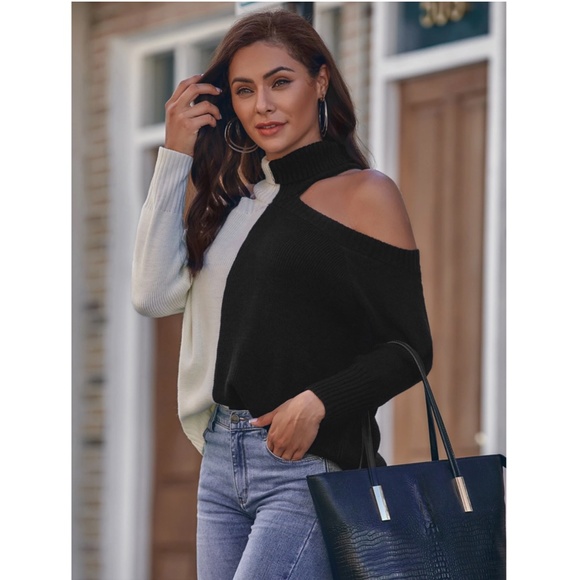 Cold Shoulder Colorblock Black and Off White Turtleneck Sweater - Picture 6 of 7